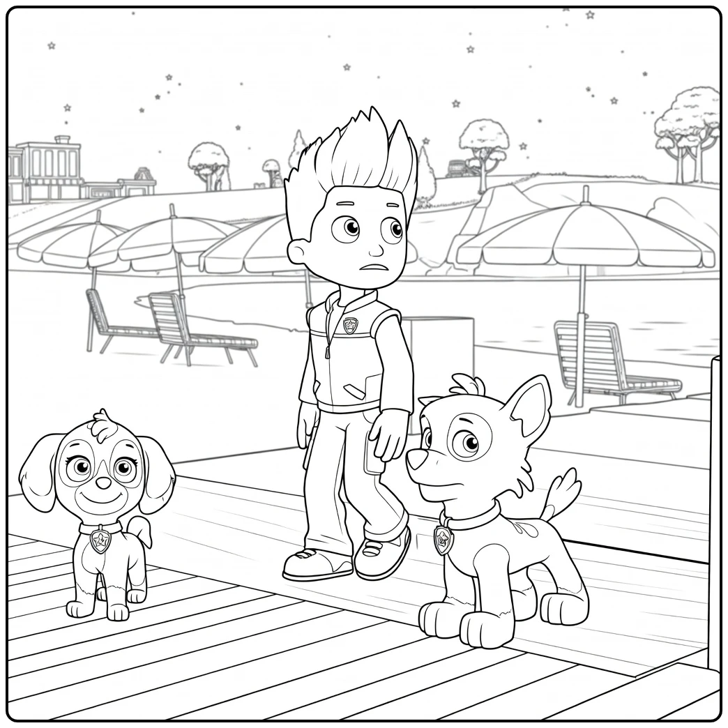 Jongen met spiky haar tussen twee honden op houten deck Paw Patrol Seizoen 13 Kleurplaat