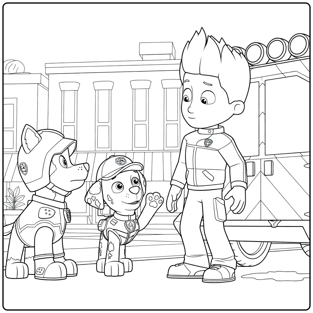 Paw Patrol Seizoen 2 kleurplaat met een jongen, gevlekte puppy en bruine hond bij een voertuig