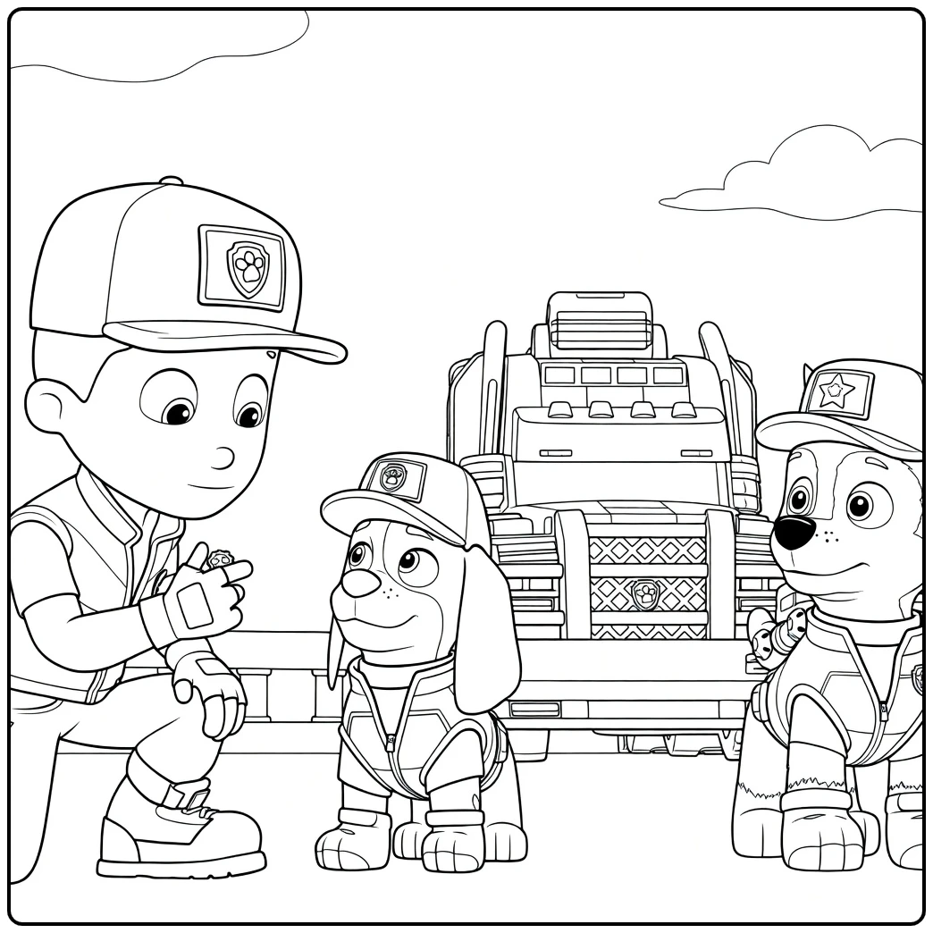 Jongen knielt bij kleine en grotere hond met voertuig op de achtergrond al paw patrol kleurplaat