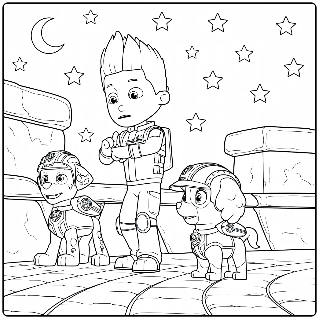 Paw Patrol Seizoen 4 Kleurplaat van een jongen met armen over elkaar tussen een gevlekte hond en een bruine hond met helmen