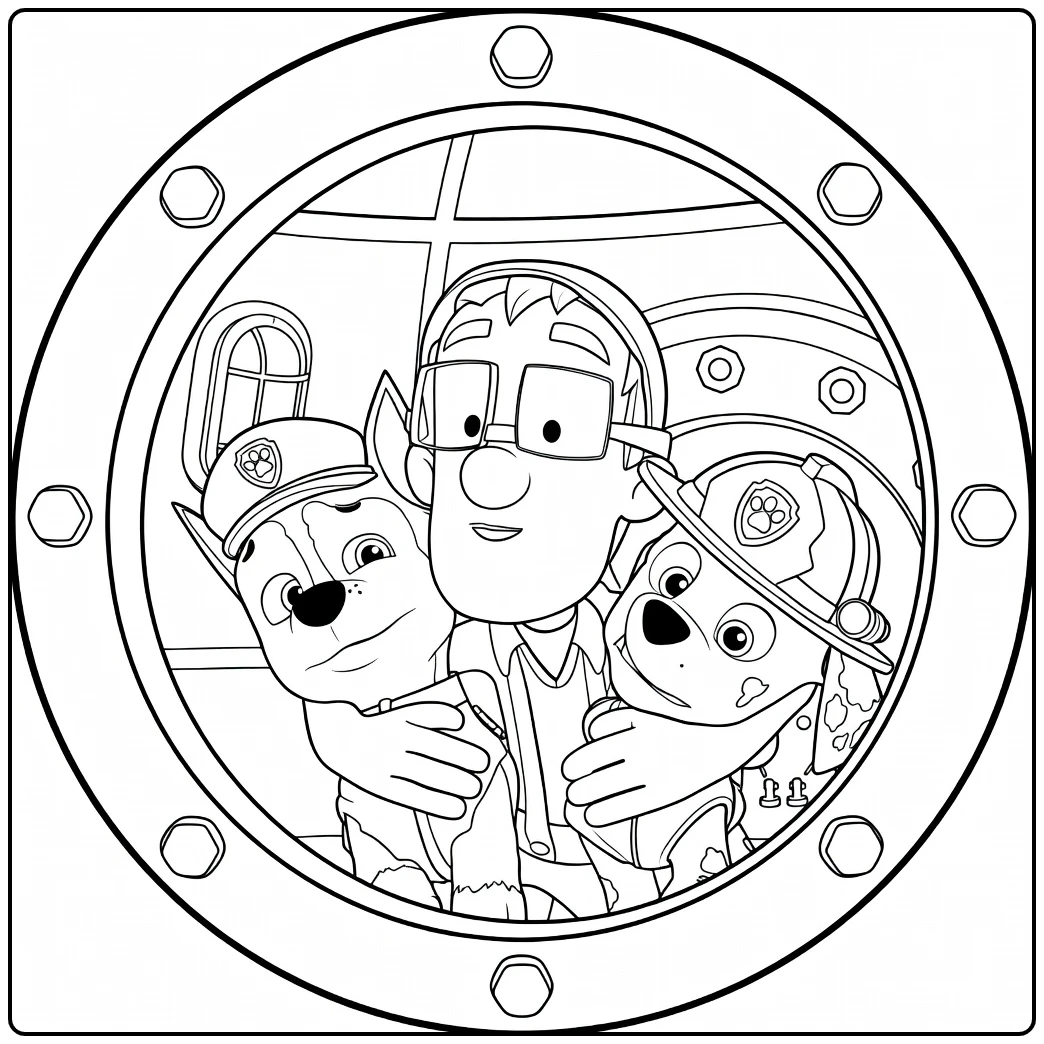 Paw Patrol Seizoen 2 kleurplaat van een jongen met bril en twee honden met hoeden in een omhelzing