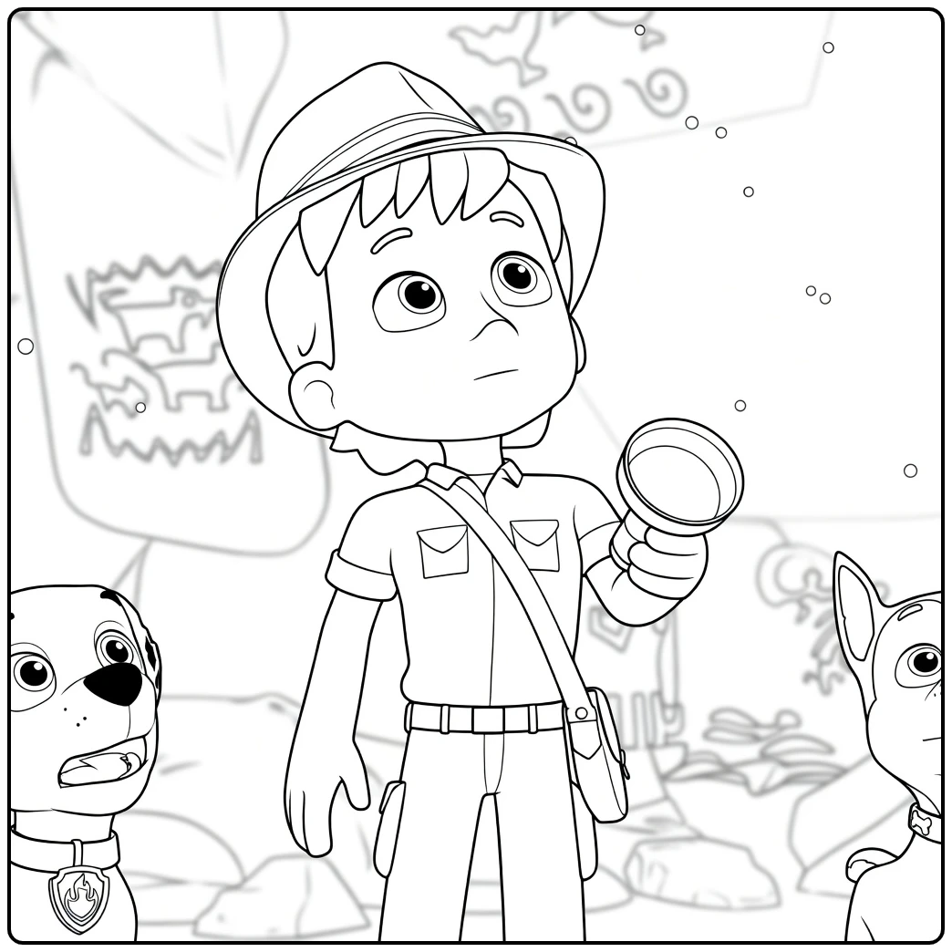 Jongen met zaklamp en twee honden in grot Paw Patrol Seizoen 10 Kleurplaat