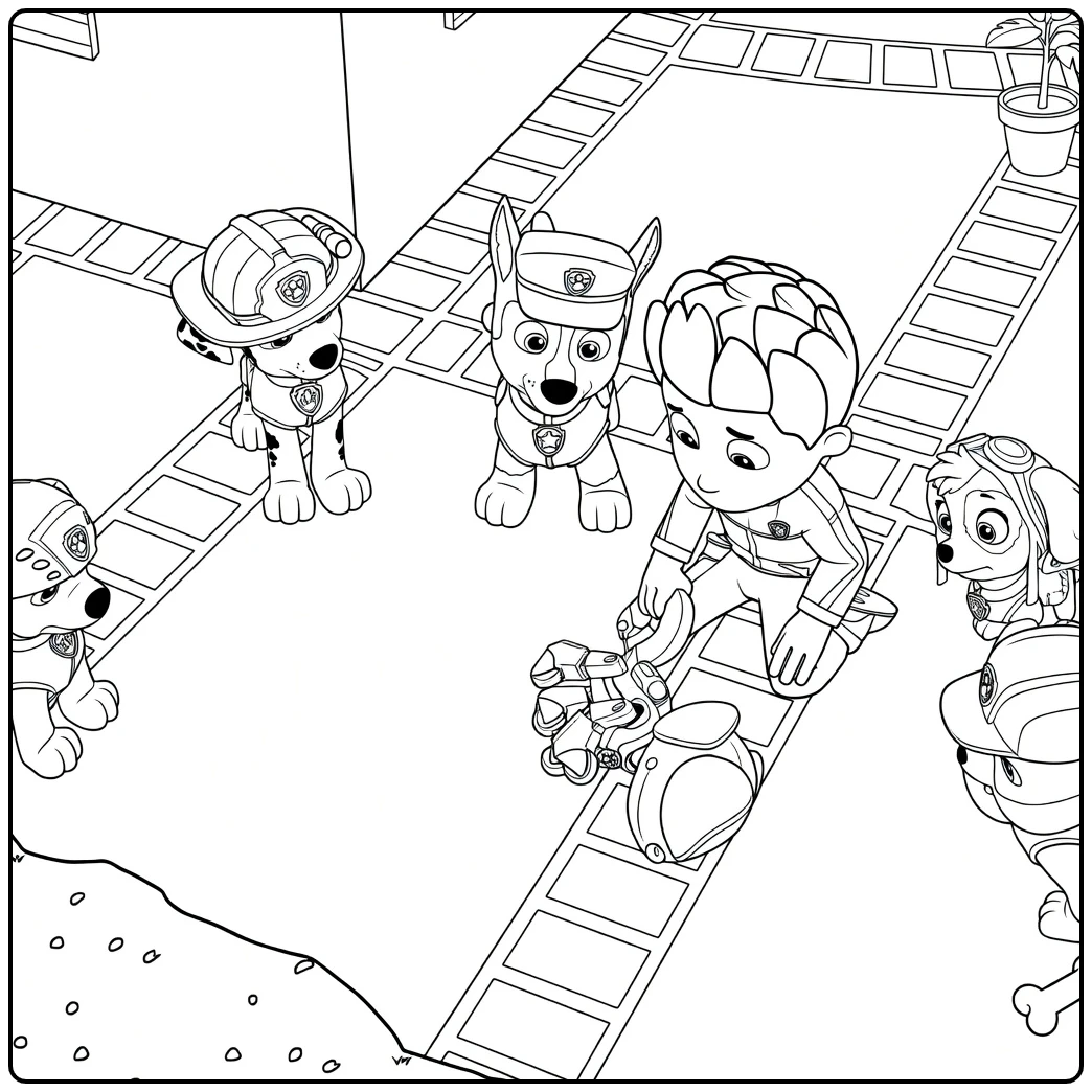 Jongen knielt bij gebroken speelgoed terwijl vijf honden toekijken Paw Patrol Season 1 Kleurplaat