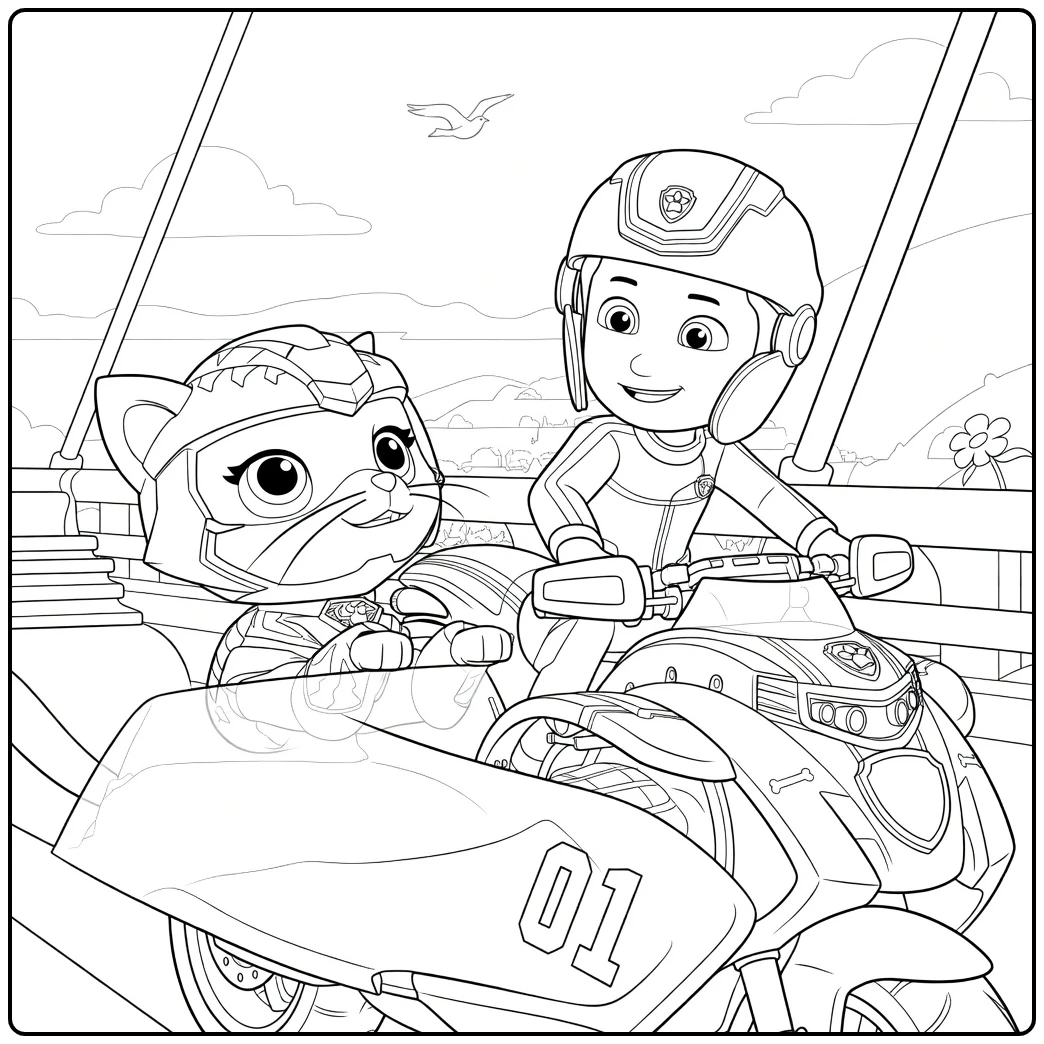 Kleurplaat van een jongen op een futuristische motorfiets met een katachtig wezen ernaast Paw Patrol Seizoen 9 Kleurplaat