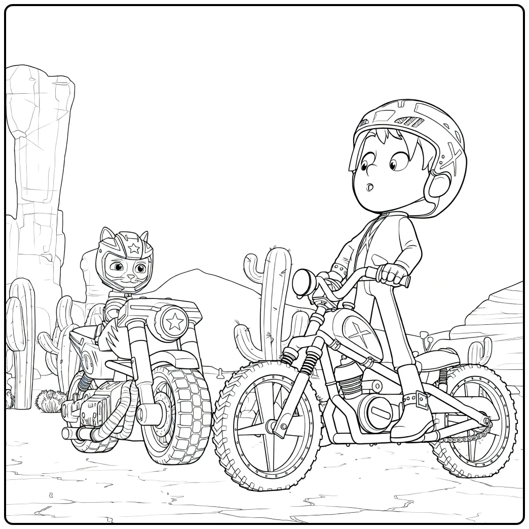 Jongen met open mond op motorfiets naast kat op tweede motorfiets Paw Patrol Seizoen 7 Kleurplaat