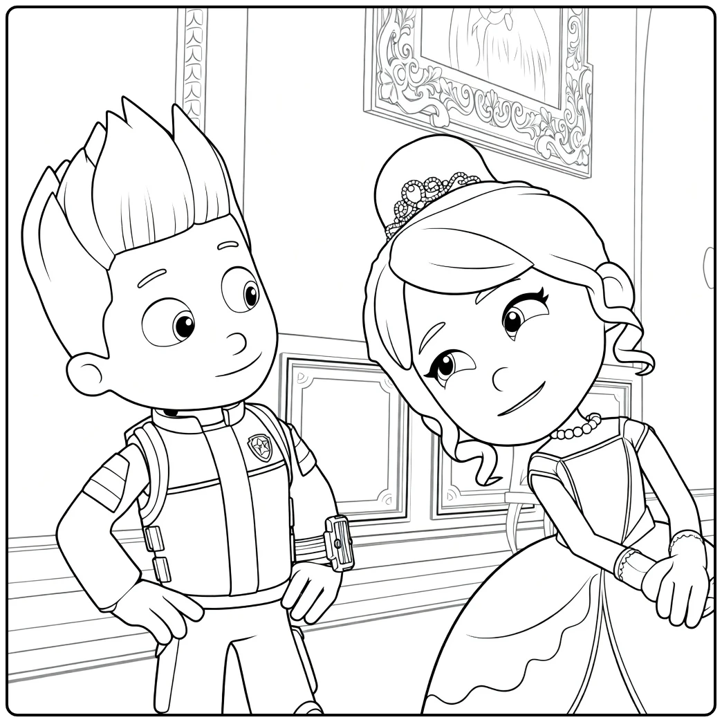 Jongen met handen op heupen en meisje met tiara tegenover elkaar Paw Patrol Seizoen 11 Kleurplaat