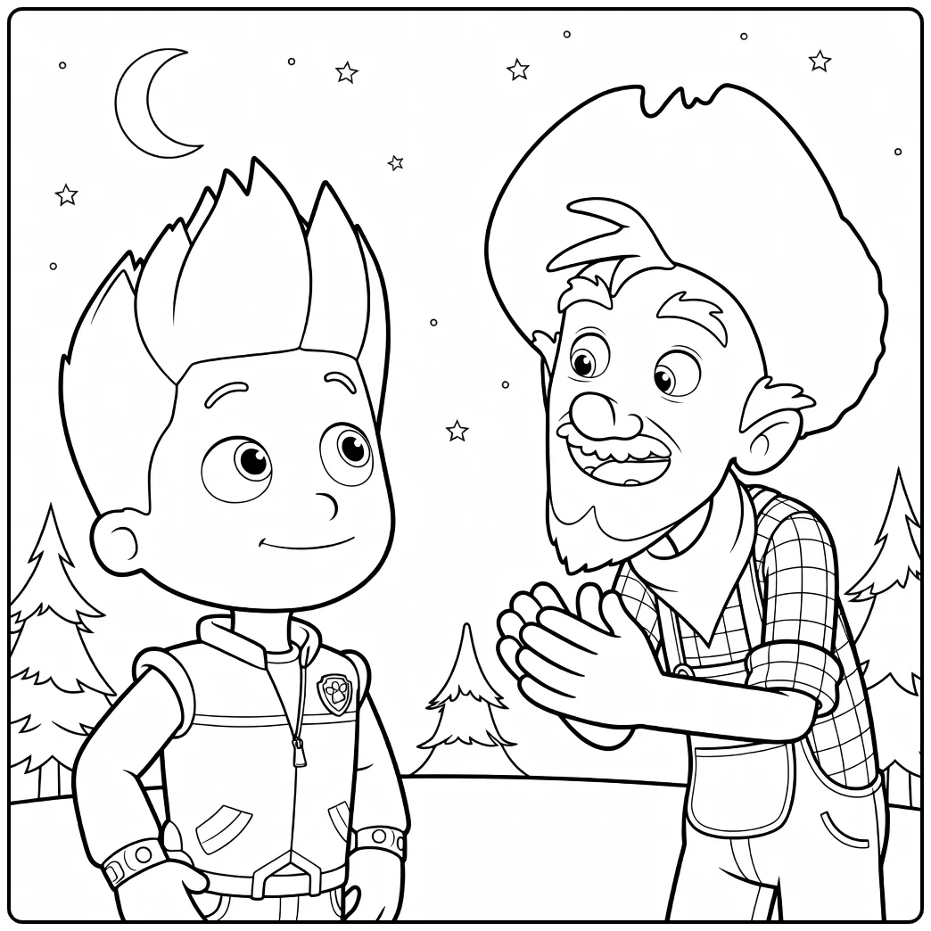 Paw Patrol Seizoen 5 Kleurplaat van een jongen met stekelhaar naast een man met afro en baard onder sterren