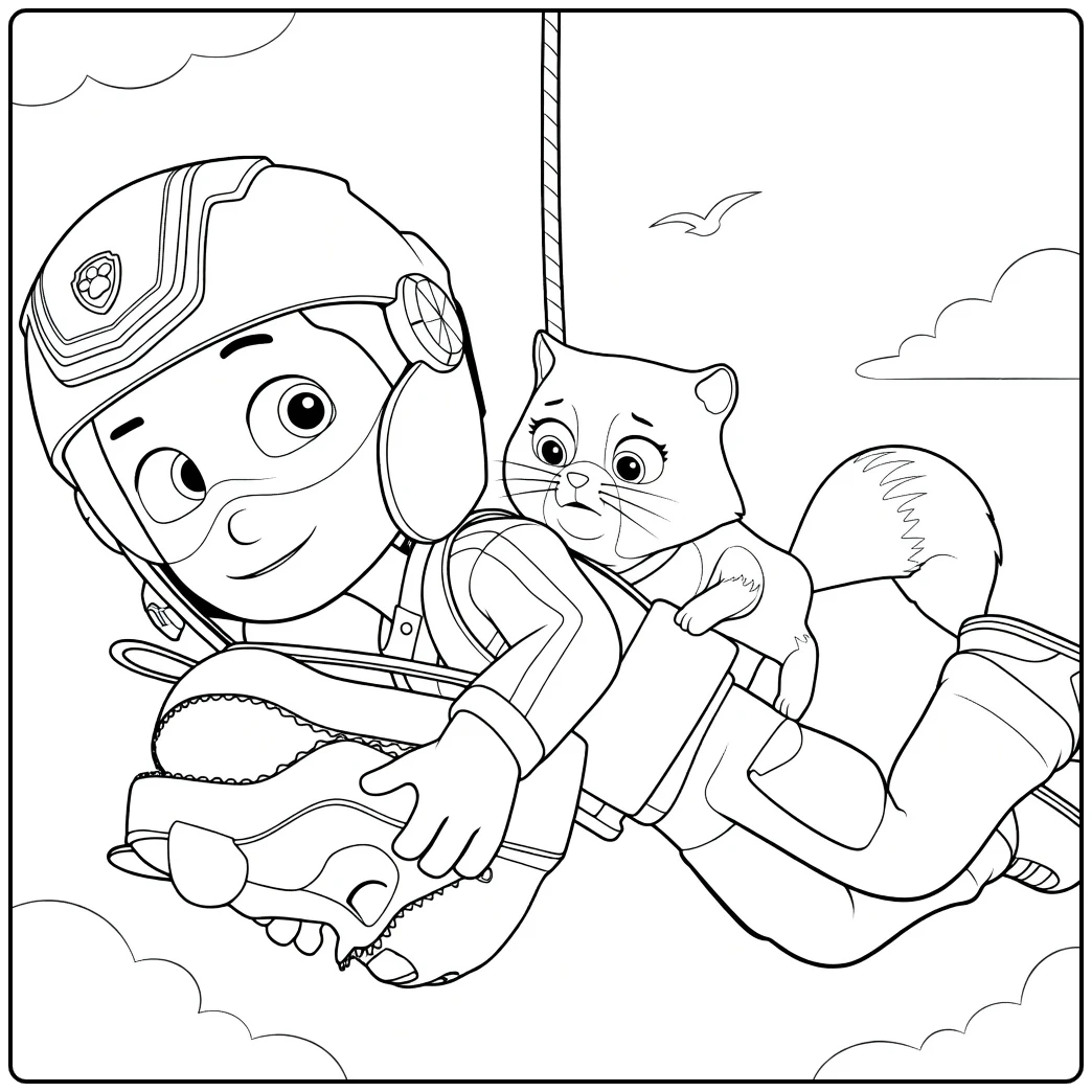 Paw Patrol Seizoen 11 Kleurplaat met een jongen in rode helm en paarse kat die horizontaal door de lucht vliegen.