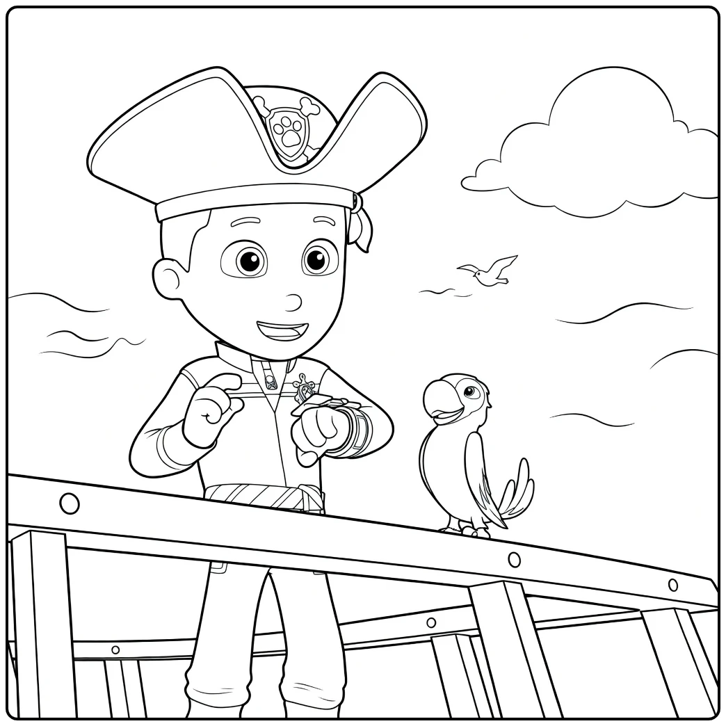 Jongen met piratenhoed wijst naar polsapparaat naast rode papegaai op gele railing Paw Patrol Seizoen 4 Kleurplaat