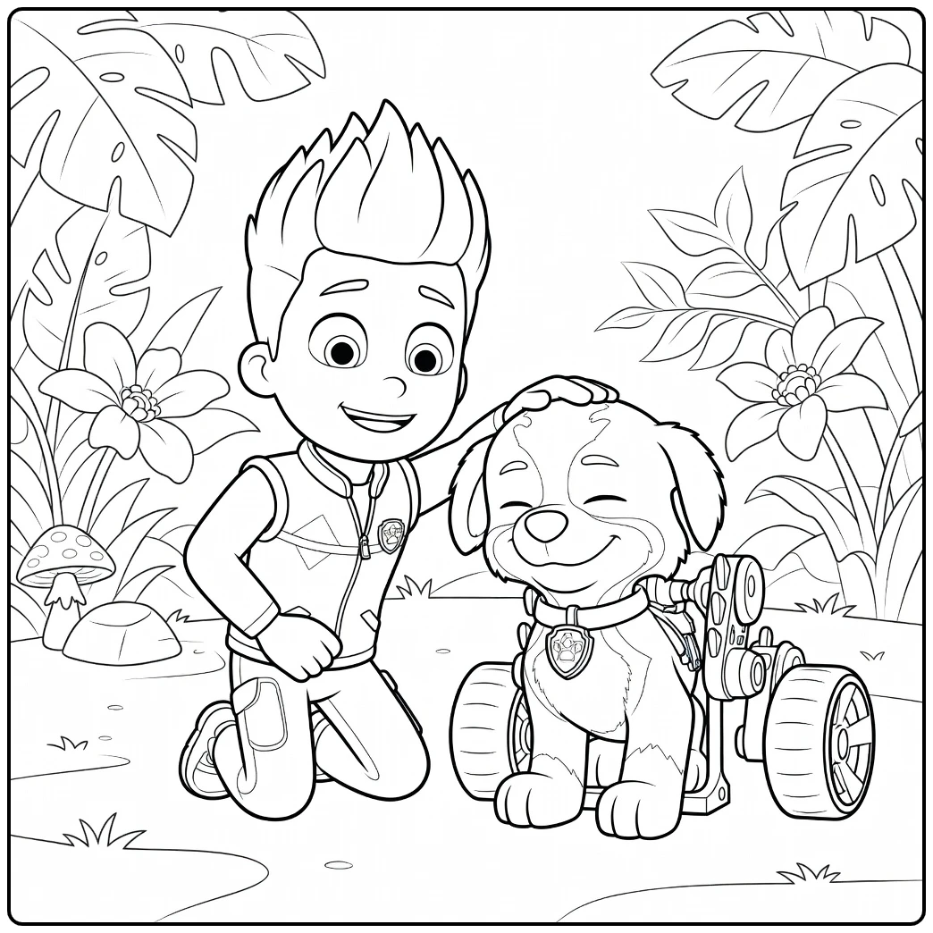 Jongen knielt naast puppy met mobiliteitshulp in deze rex paw patrol kleurplaat met planten op de achtergrond