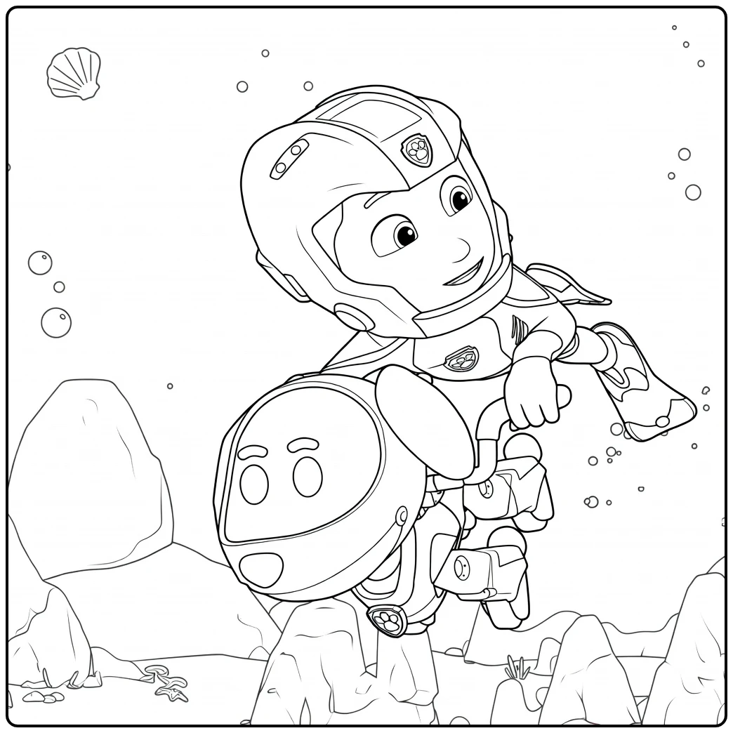 Jongen met rode helm zweeft onder water met robot hond Paw Patrol Seizoen 9 Kleurplaat