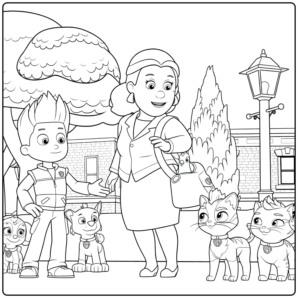 Paw Patrol Seizoen 9 Kleurplaat met een jongen die zijn hand uitsteekt naar een vrouw, omringd door honden, katten en een vogel