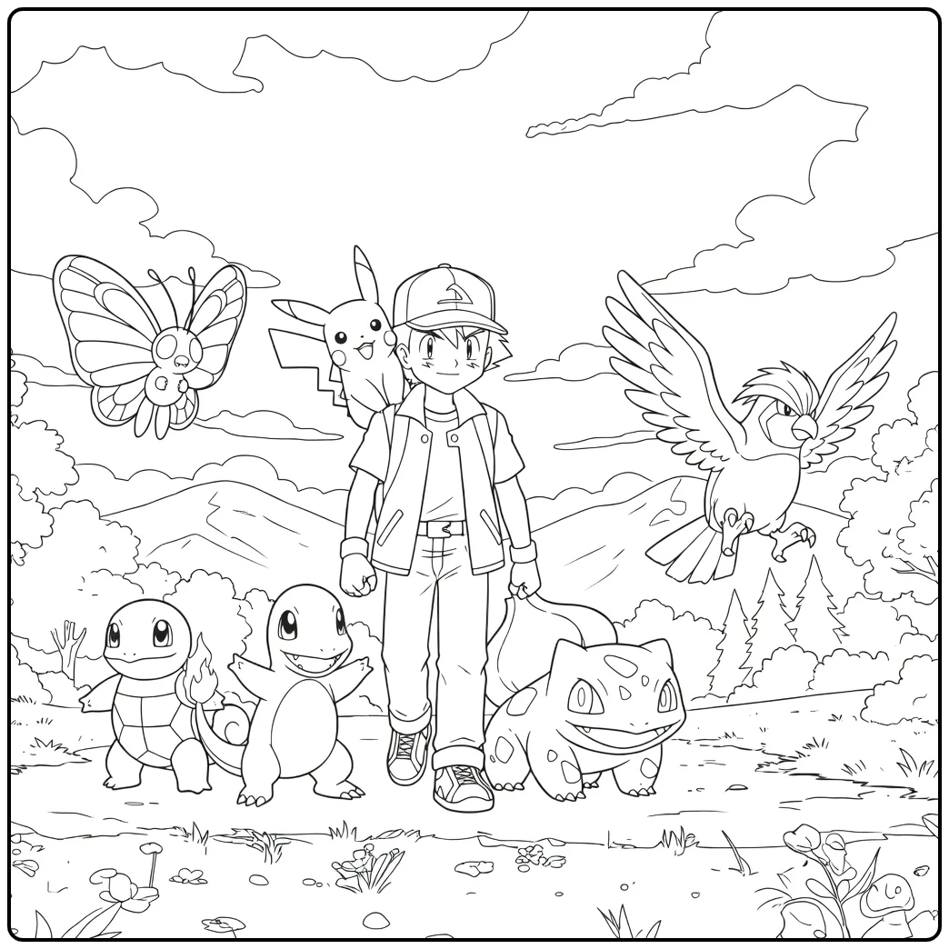 Jongen met cap en wezens op een pad in de heuvels Pokemon Kleurplaat