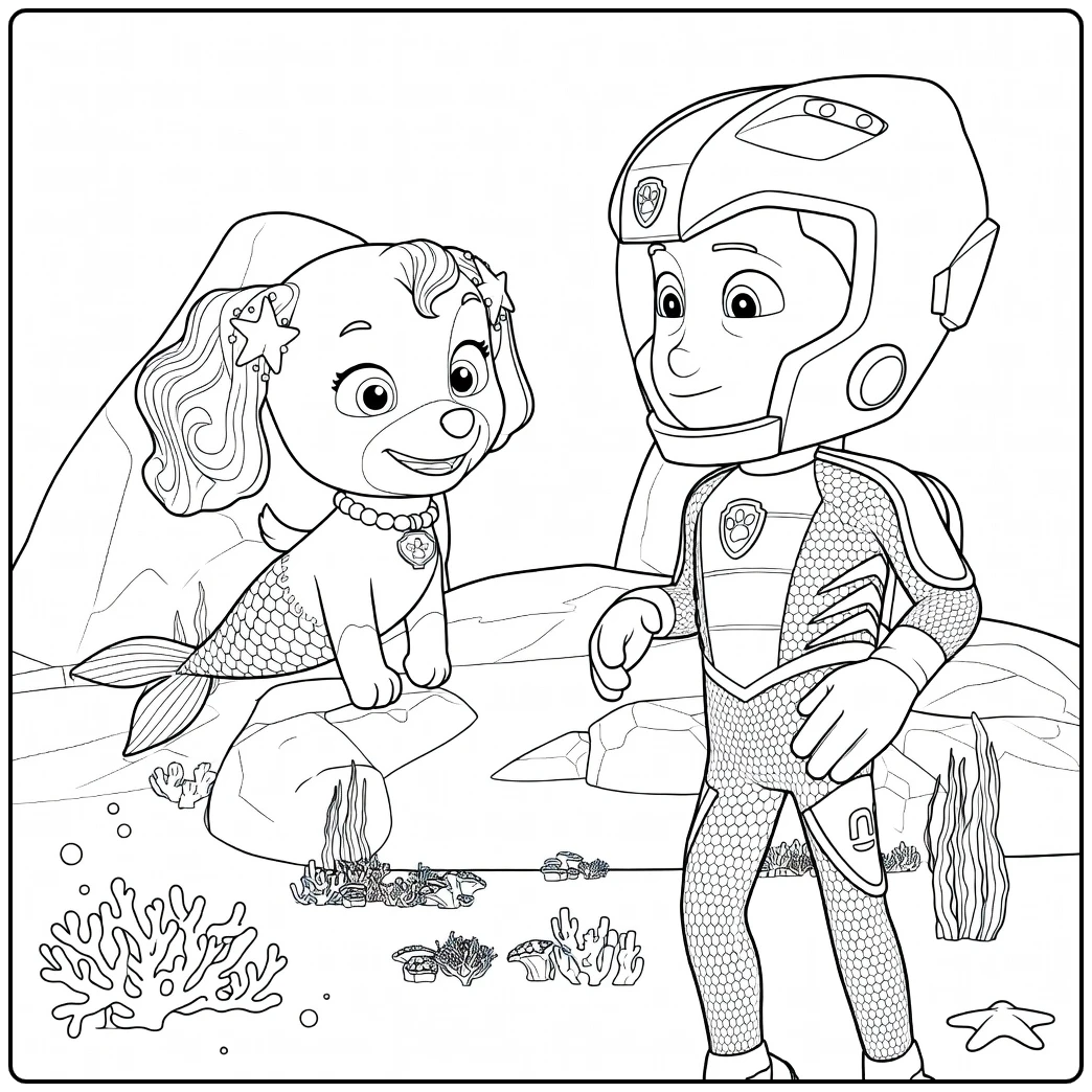 Jongen met rode helm naast hond met zeemeerminnenstaart in Paw Patrol Seizoen 2 kleurplaat