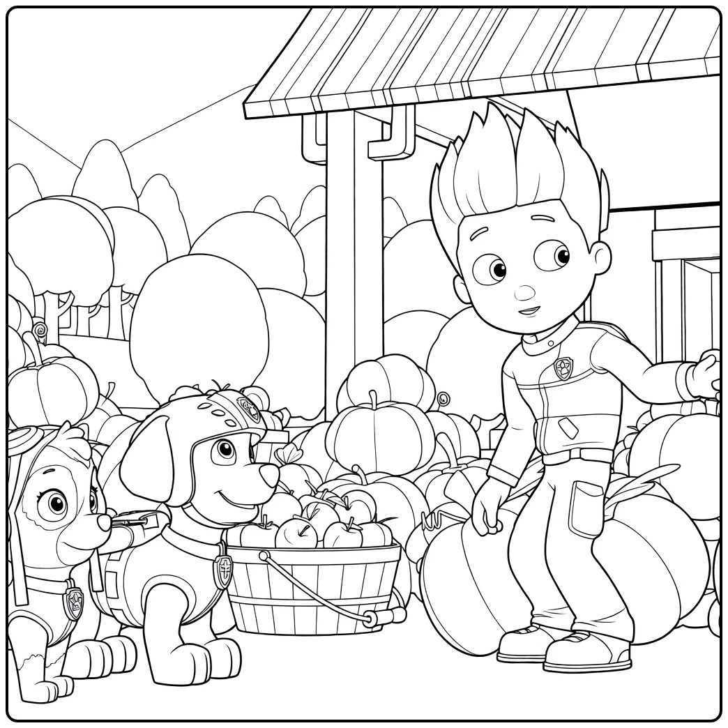 Jongen met uitgestrekte arm naast twee honden en mand met appels Paw Patrol Season 1 Kleurplaat