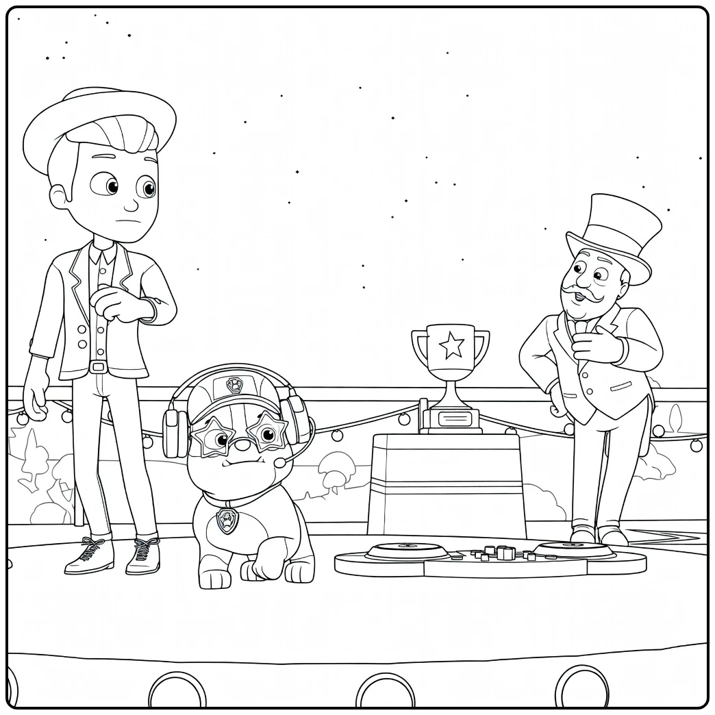 Jongen met baret, hond met koptelefoon en man in hoge hoed rond trofee en DJ-set Paw Patrol Seizoen 3 kleurplaat