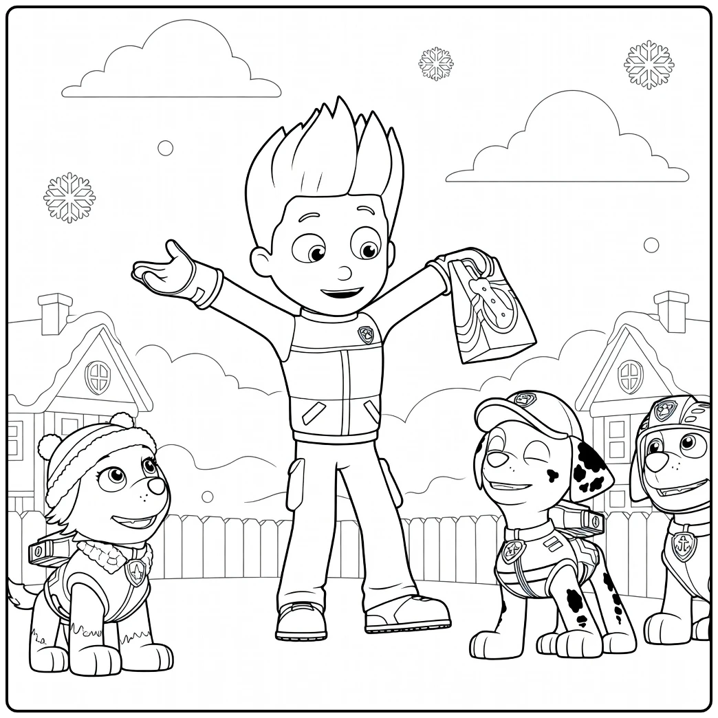 Jongen met uitgestrekte armen en drie honden met vesten in Paw Patrol Seizoen 2 kleurplaat