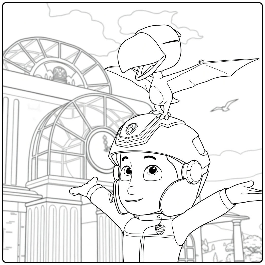 Paw Patrol Seizoen 2 kleurplaat van een jongen met uitgestrekte armen en een klein wezen op zijn helm voor een gebouw met bogen