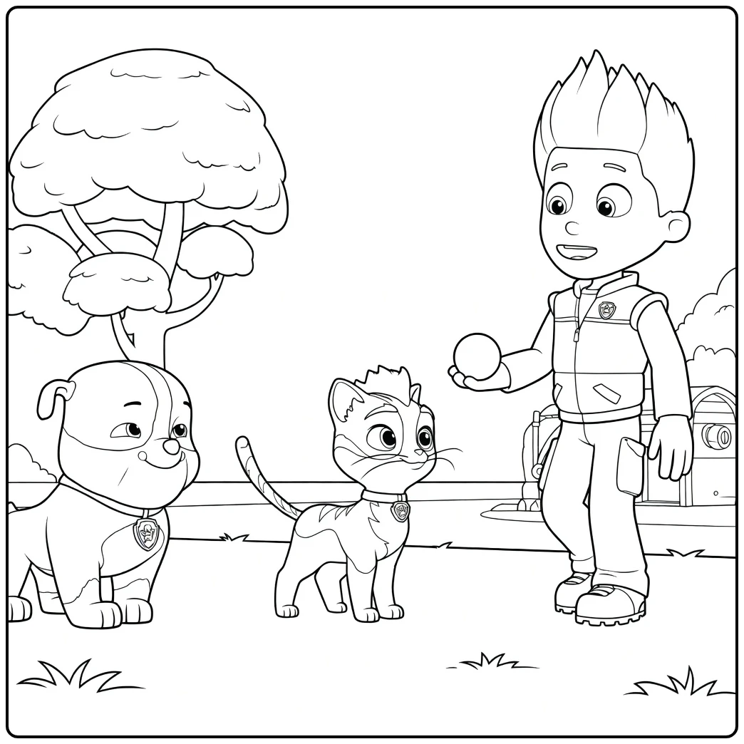 Jongen met bal in de hand, hond links en kat in het midden Paw Patrol Seizoen 8 Kleurplaat