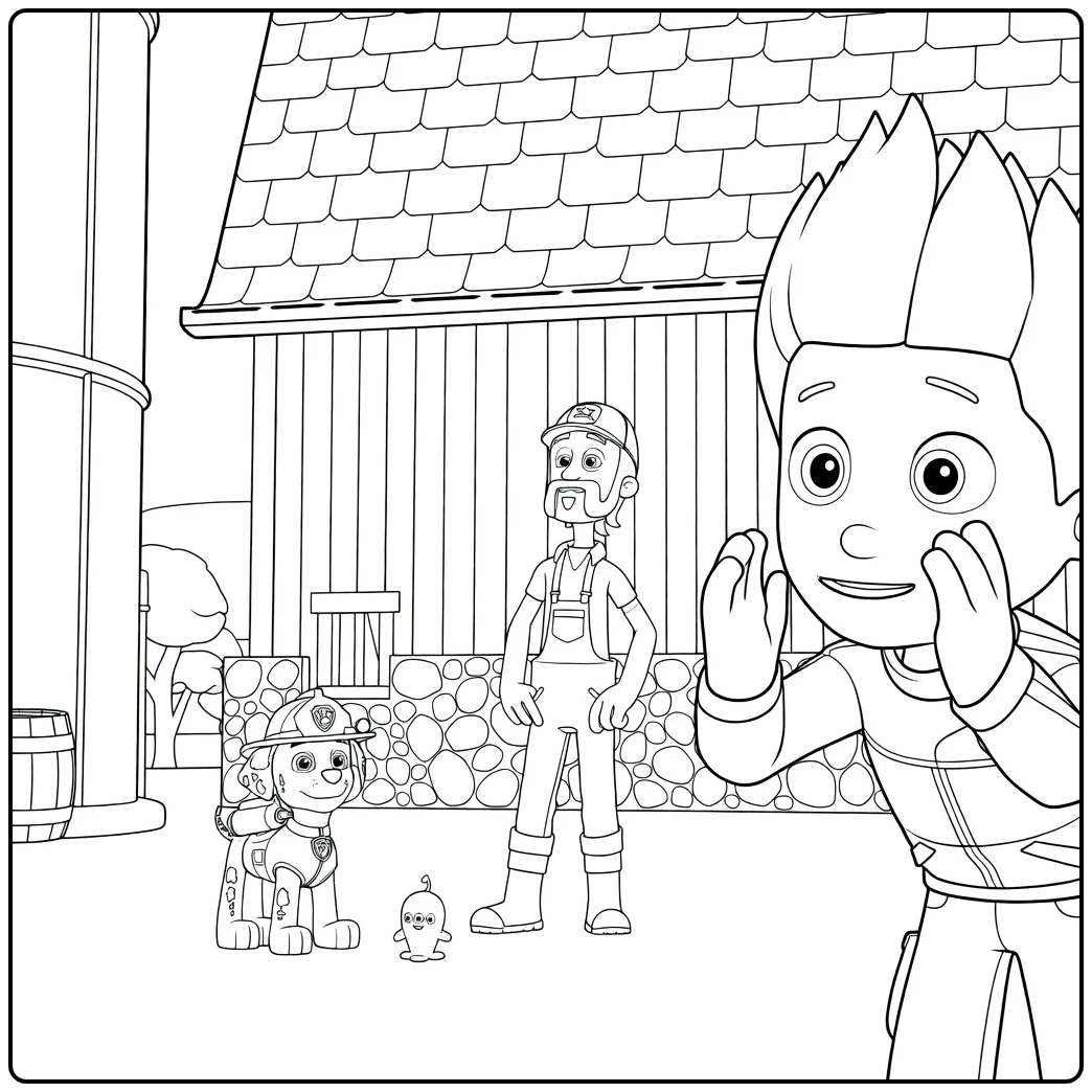 Paw Patrol Seizoen 11 Kleurplaat met een jongen die lacht en gebaart, een man, een gevlekte hond met helm en een klein wezen bij een schuur.