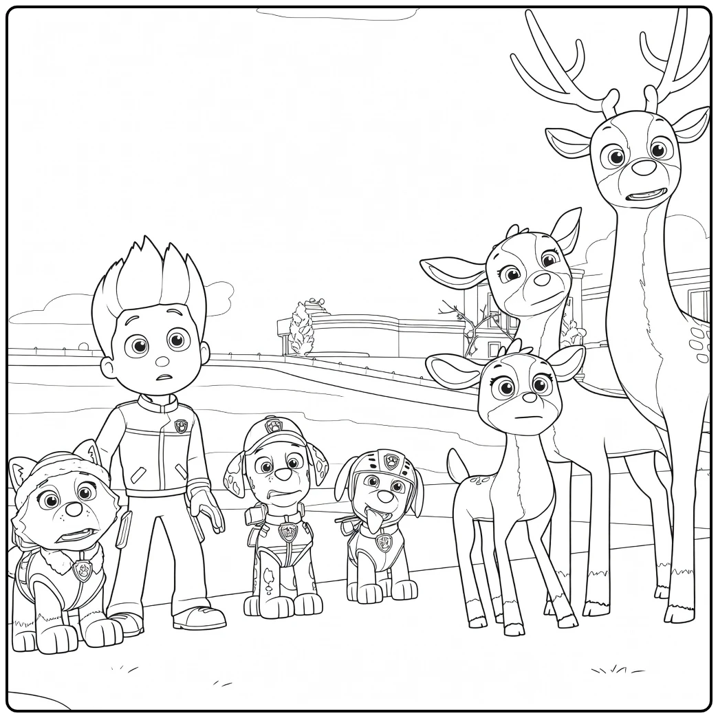 Paw Patrol Seizoen 2 kleurplaat met een jongen, honden in uniform en herten met geweien in een groep.