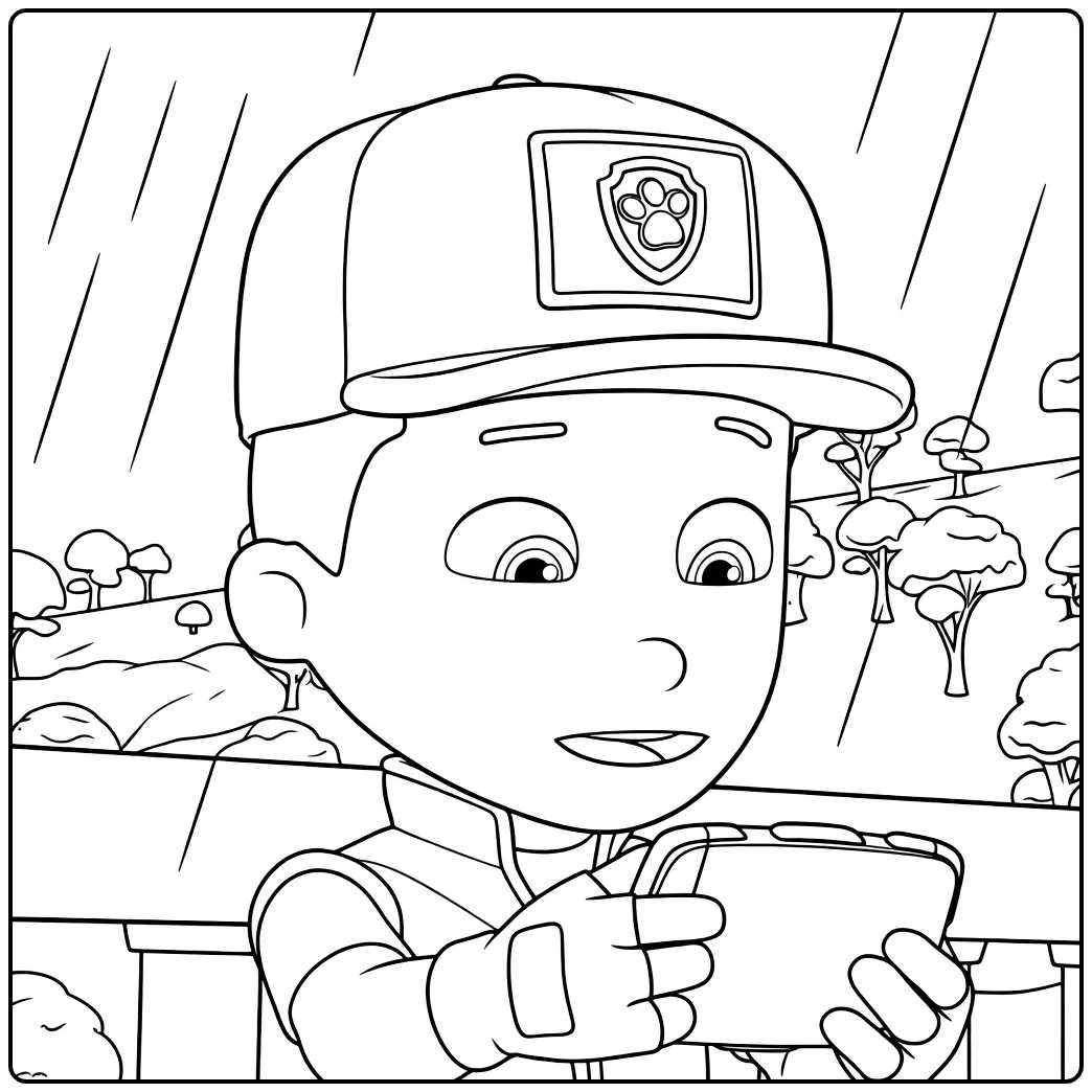 Paw Patrol Seizoen 9 Kleurplaat van een jongen met pet die een handheld apparaat vasthoudt