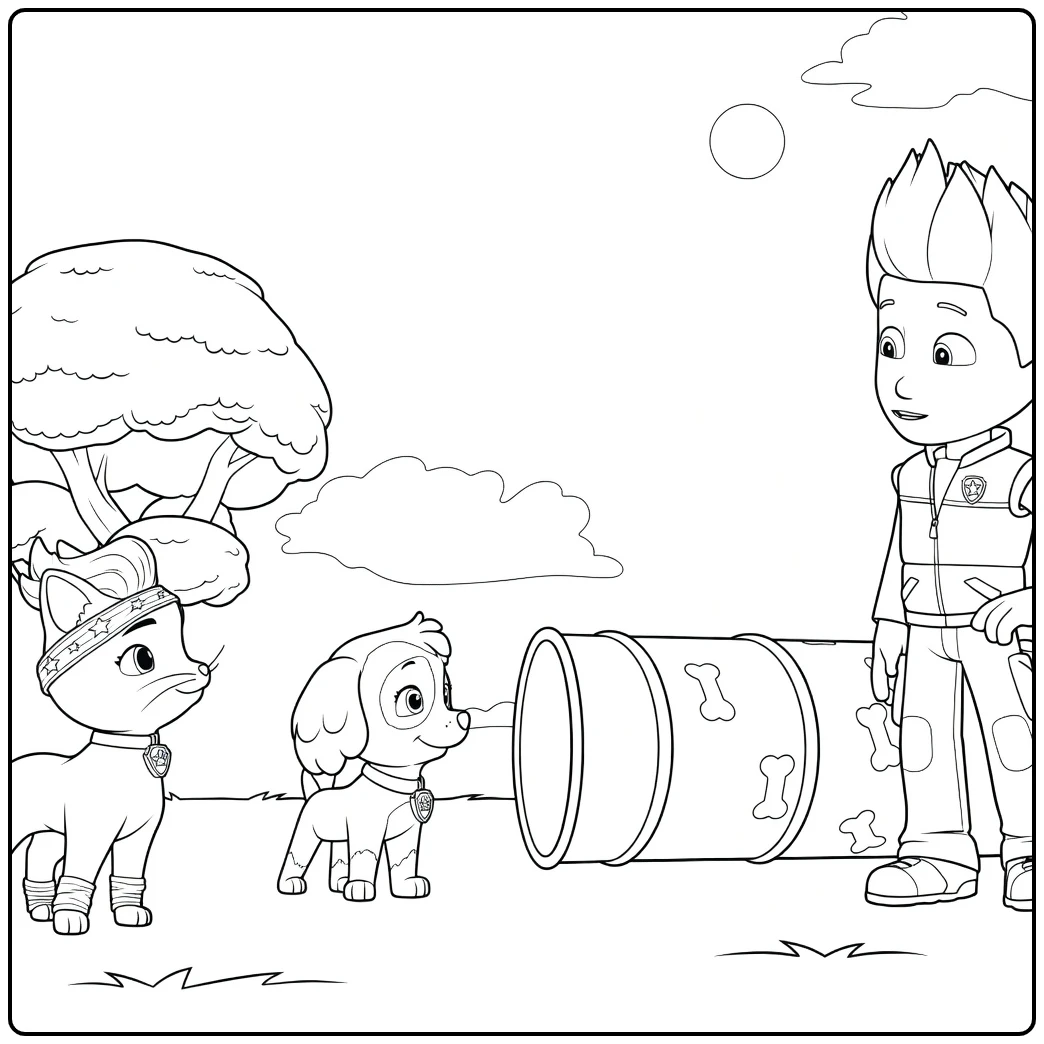Paw Patrol Seizoen 9 Kleurplaat met een jongen, witte kat en bruine puppy bij een tunnel