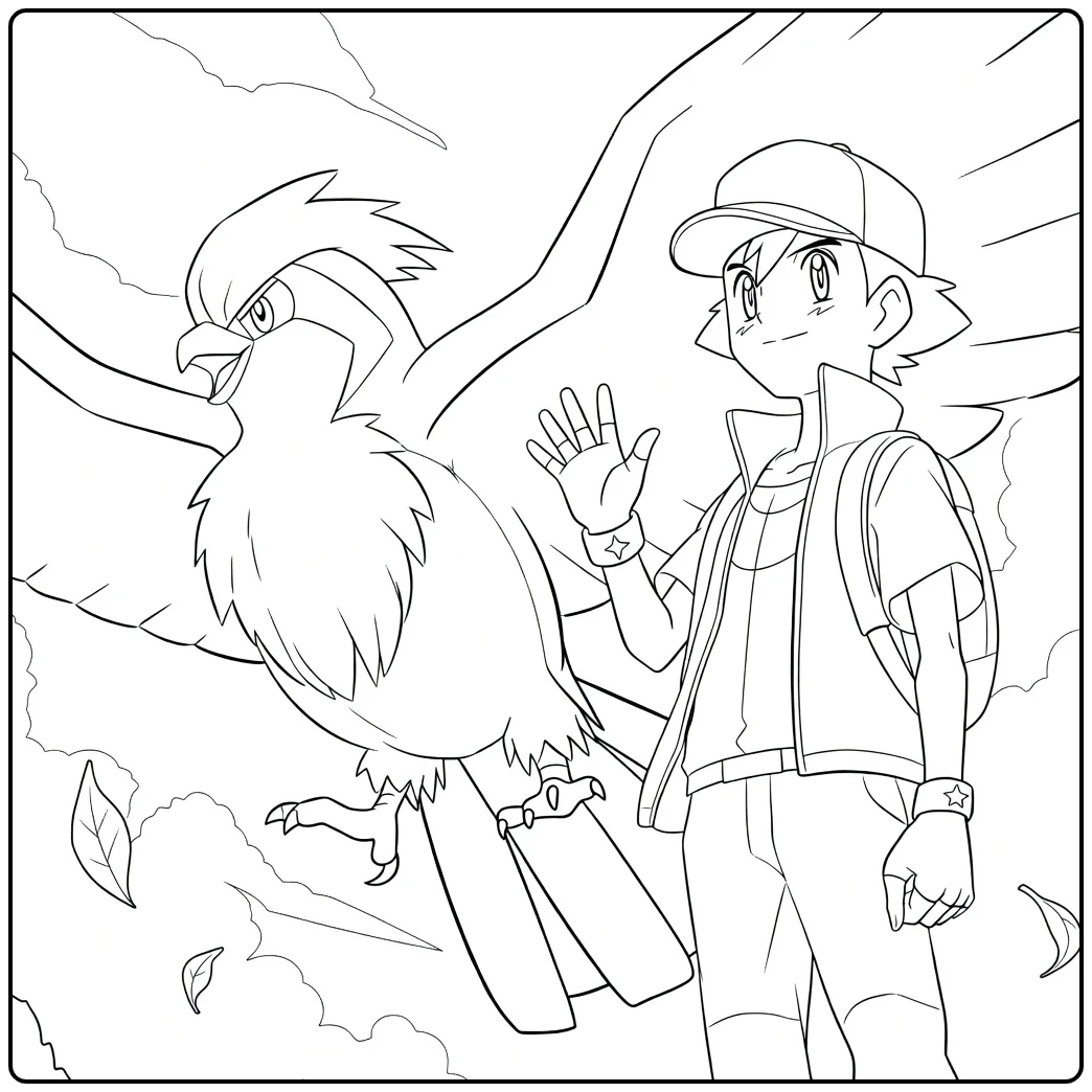 Kleurplaat Pokemon Ash met een jongen met rode pet en een grote vogel met uitgespreide vleugels