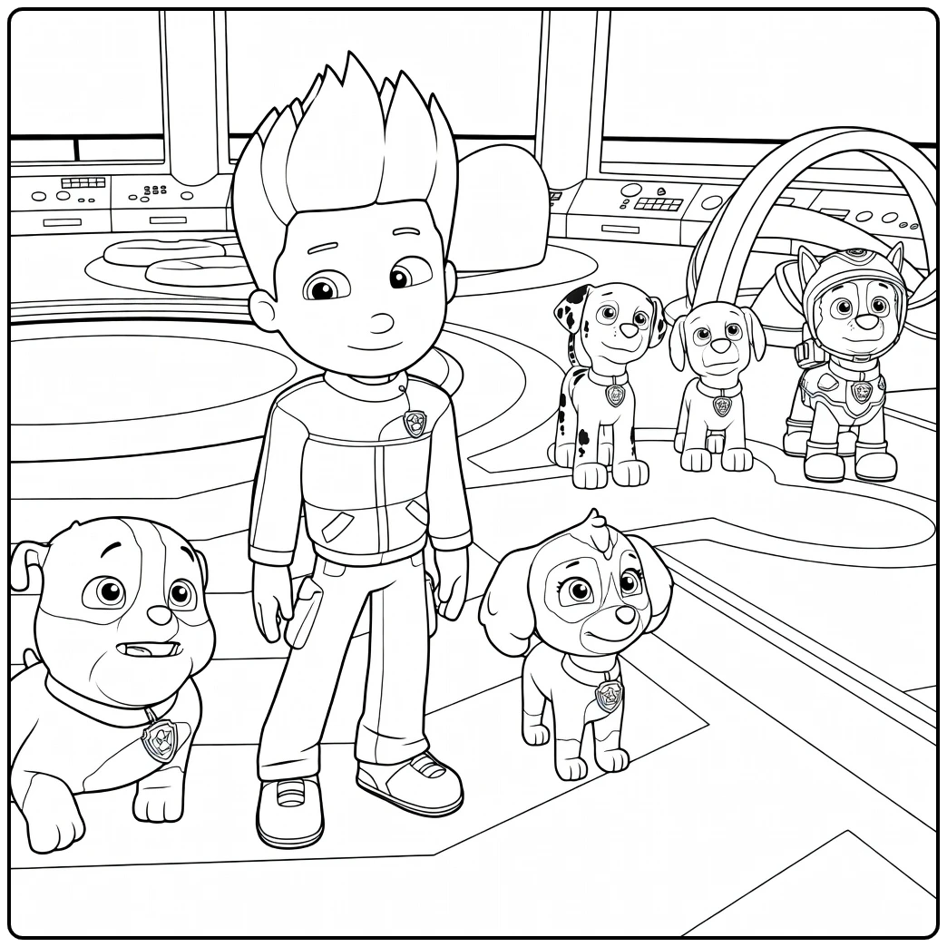 Paw Patrol Seizoen 13 Kleurplaat met een jongen die staat tussen vijf honden