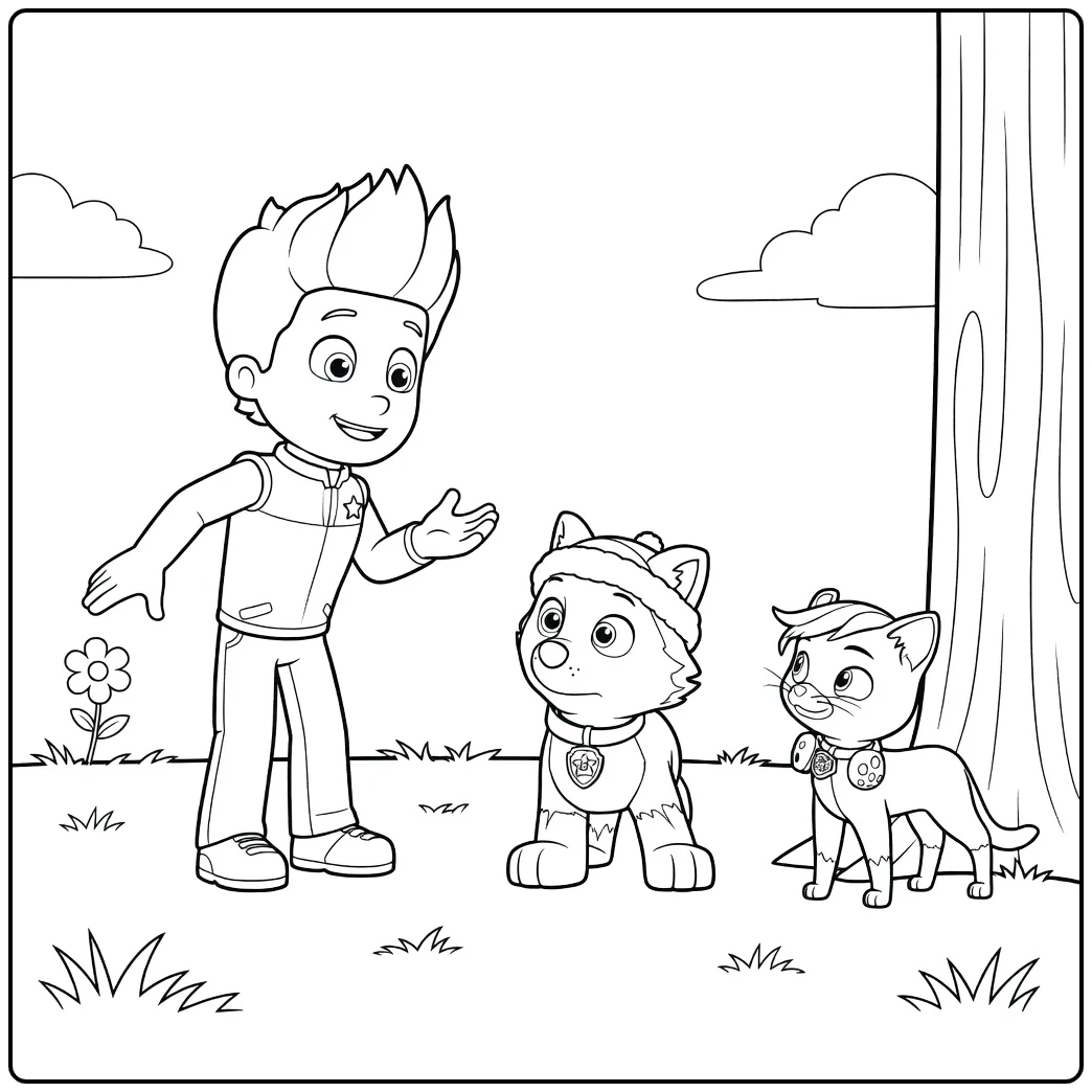 Jongen gebaart naar wolf pup met muts en kat met stippenkraag Paw Patrol Seizoen 9 Kleurplaat