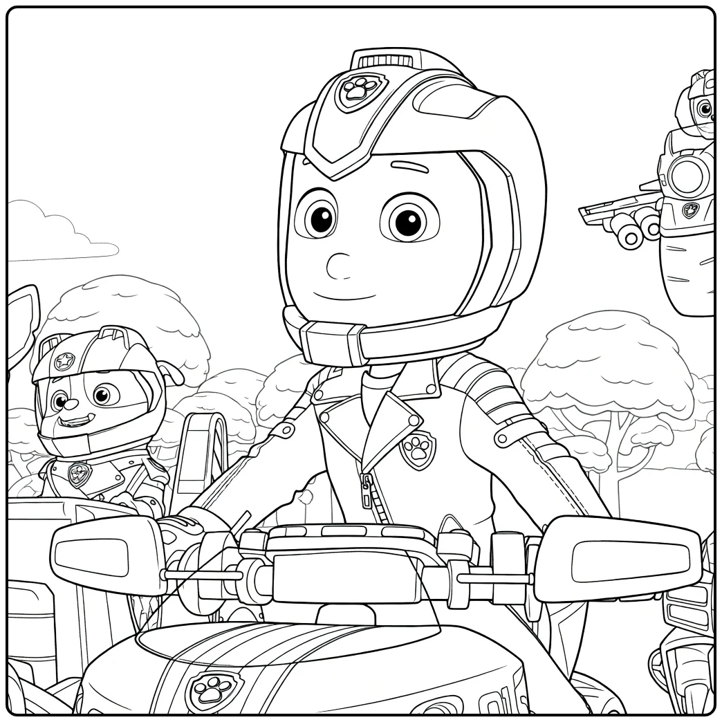 Jonge jongen met helm zittend op gestreept voertuig met handen aan het stuur Paw Patrol Seizoen 8 Kleurplaat