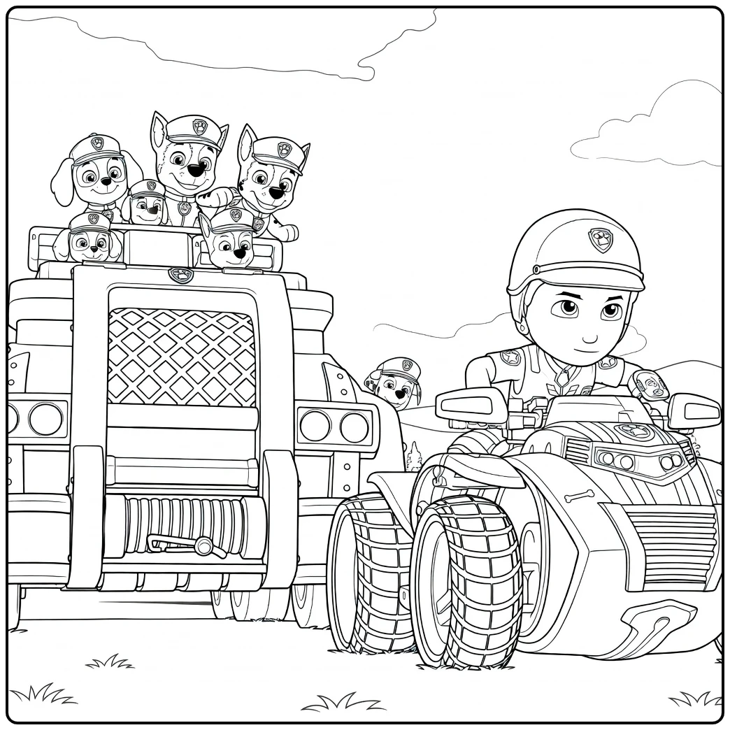 Paw Patrol Seizoen 12 Kleurplaat met een kind dat een ATV bestuurt en honden in een grote truck