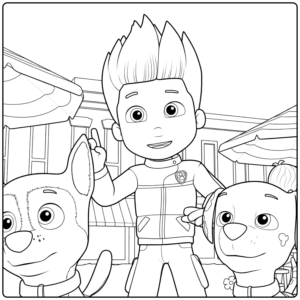 Jongen met spiky haar en twee honden voor een gebouw in Paw Patrol Seizoen 8 Kleurplaat
