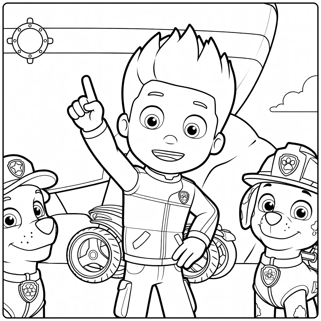 Jongen met spiky haar en twee honden met muts en helm in Paw Patrol Seizoen 6 Kleurplaat