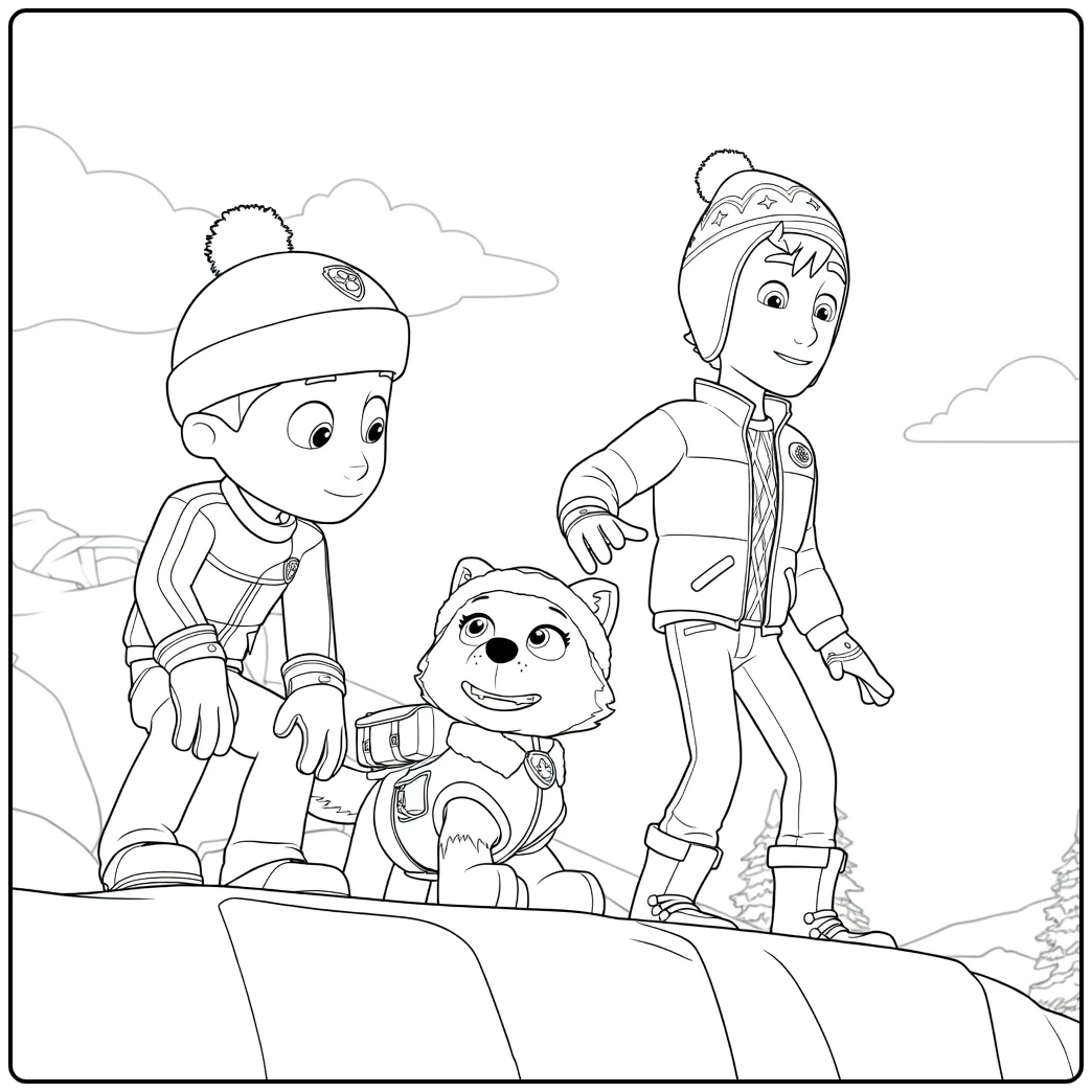 Paw Patrol Seizoen 9 Kleurplaat met links een hurkende jongen, een zittende hond in het midden en een staande jongen rechts op een besneeuwde bergkam.