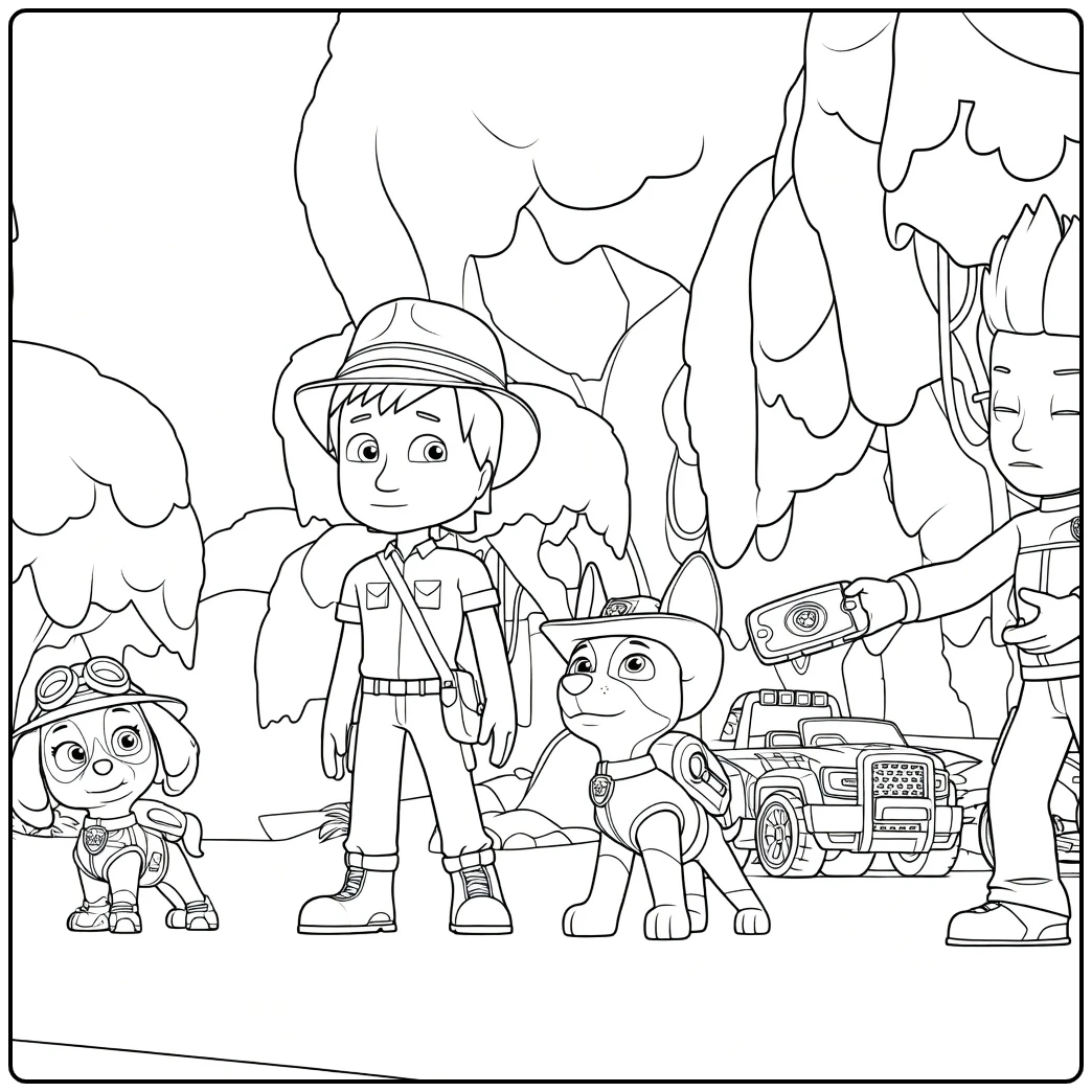 Paw Patrol Seizoen 10 Kleurplaat met twee jongens en honden die in een rij staan voor bomen en een voertuig