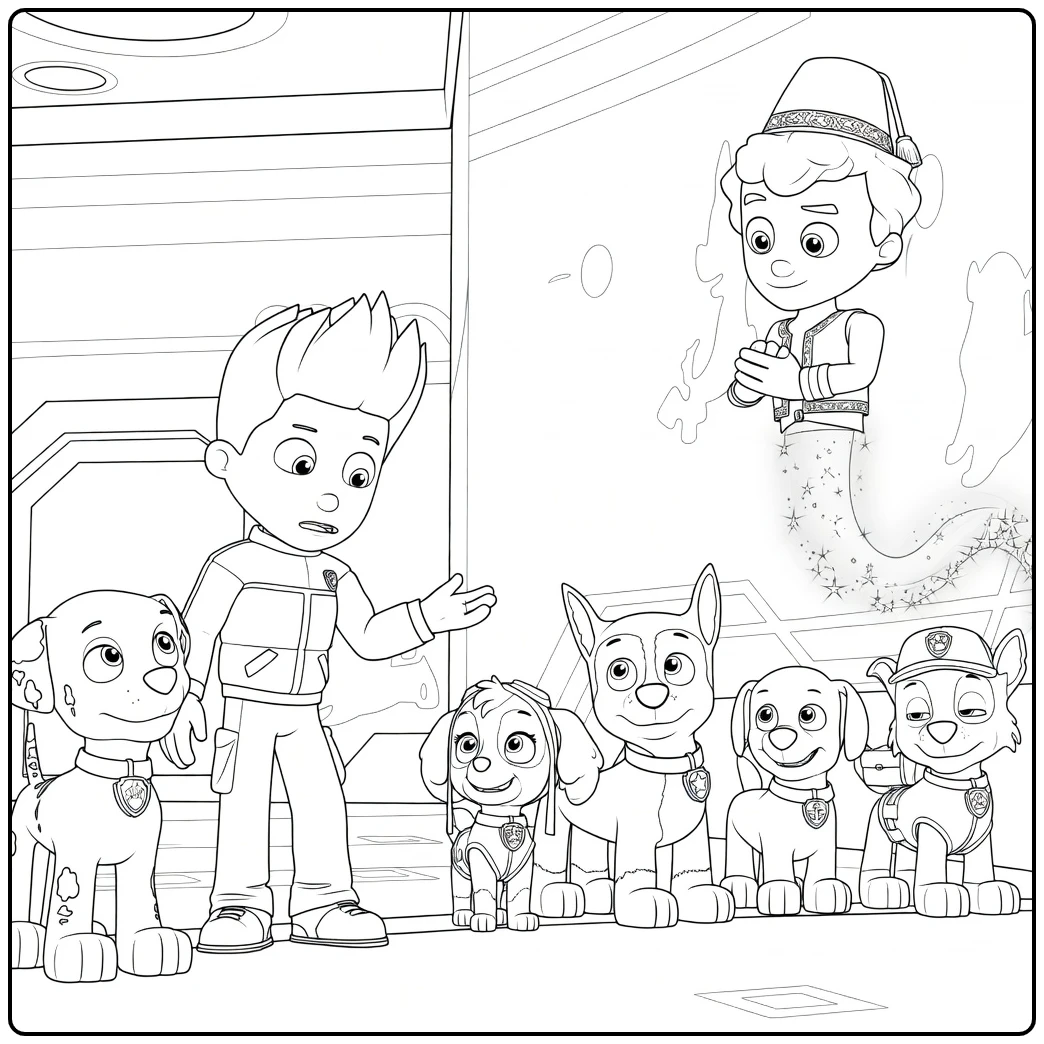 Jongen met uitgestrekte arm en honden in een rij, Paw Patrol Seizoen 3 kleurplaat