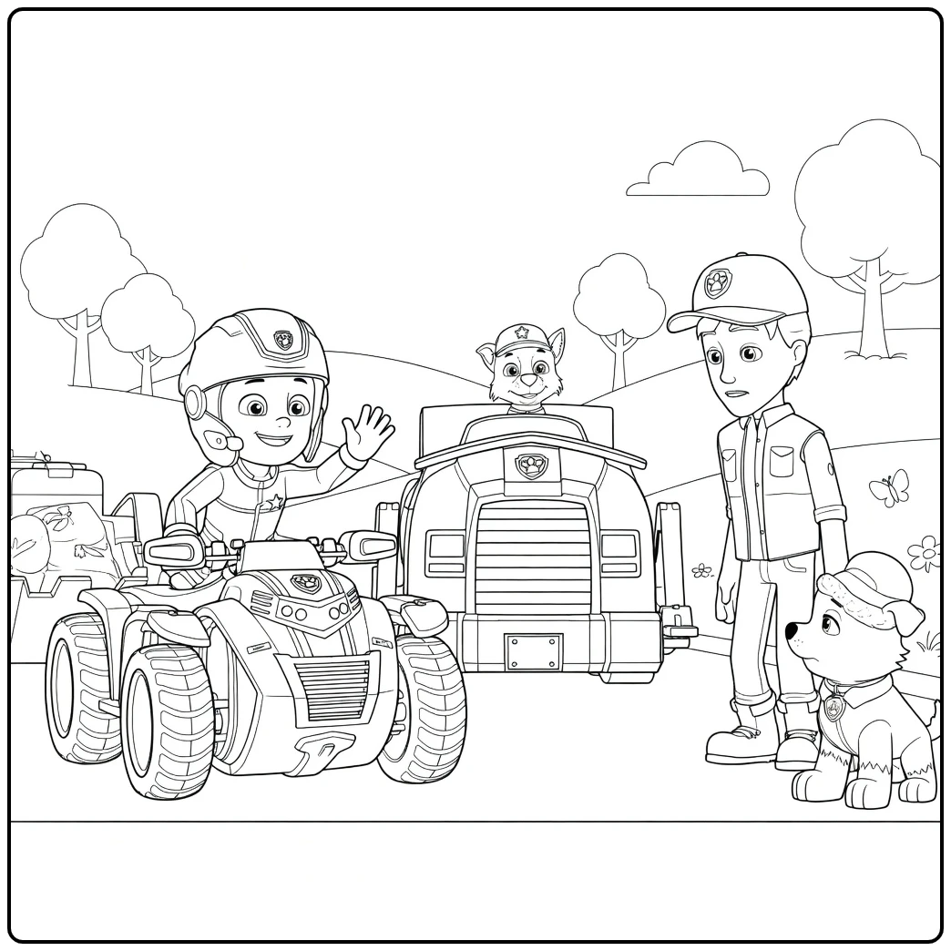 Paw Patrol Seizoen 5 Kleurplaat met een jongen op een ATV, honden in een truck en een kind met hond langs de weg
