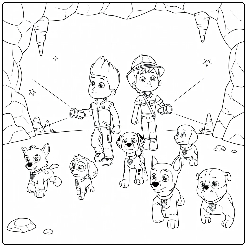 Paw Patrol Seizoen 10 Kleurplaat met twee jongens en zes honden die met zaklampen een grot verkennen