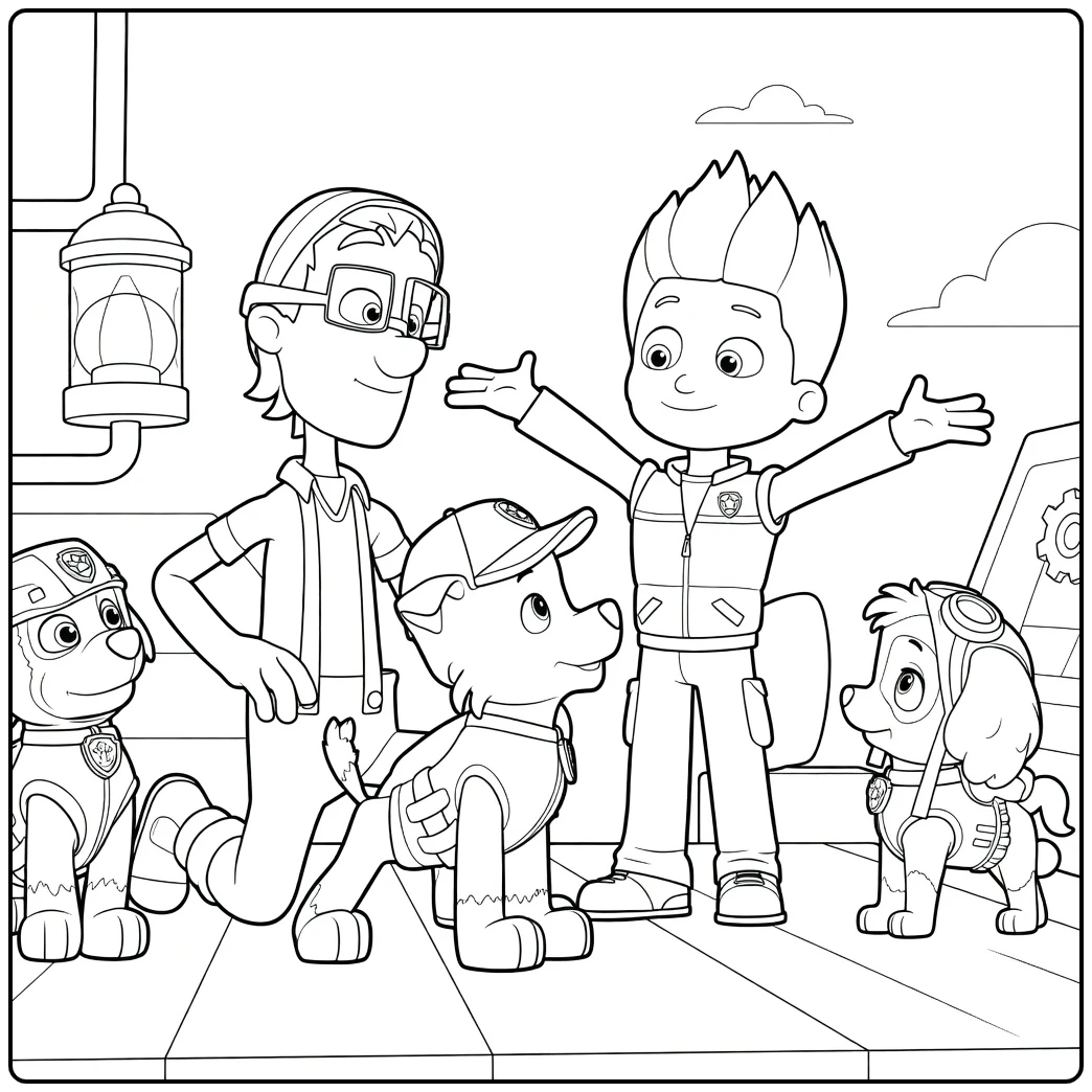 Kleurplaat van jongens en honden op een houten platform Paw Patrol Season 1 Kleurplaat