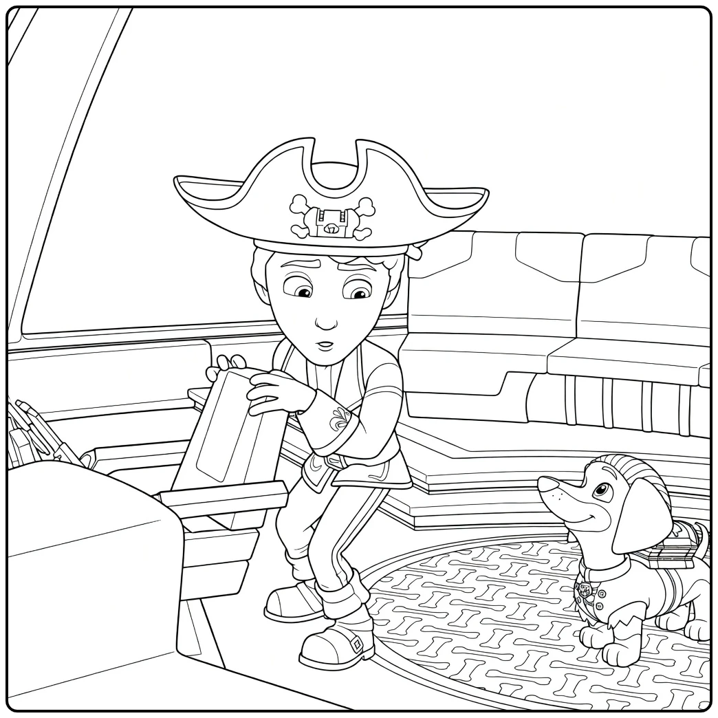 Paw Patrol Seizoen 5 Kleurplaat van een jongetje met piratenhoed en een teckel die omhoog kijkt