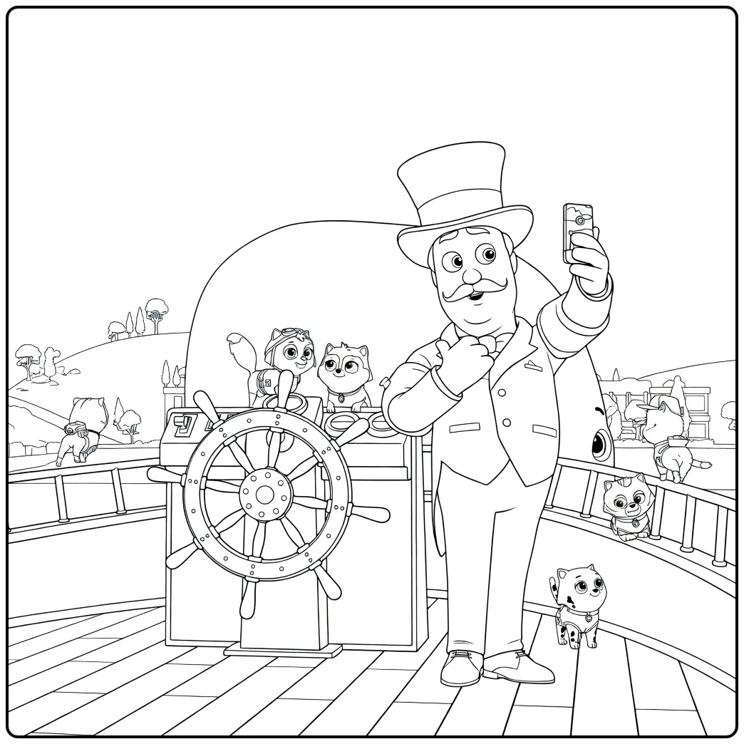 Man met snor en hoge hoed neemt selfie op scheepsdek met dieren Paw Patrol Seizoen 9 Kleurplaat