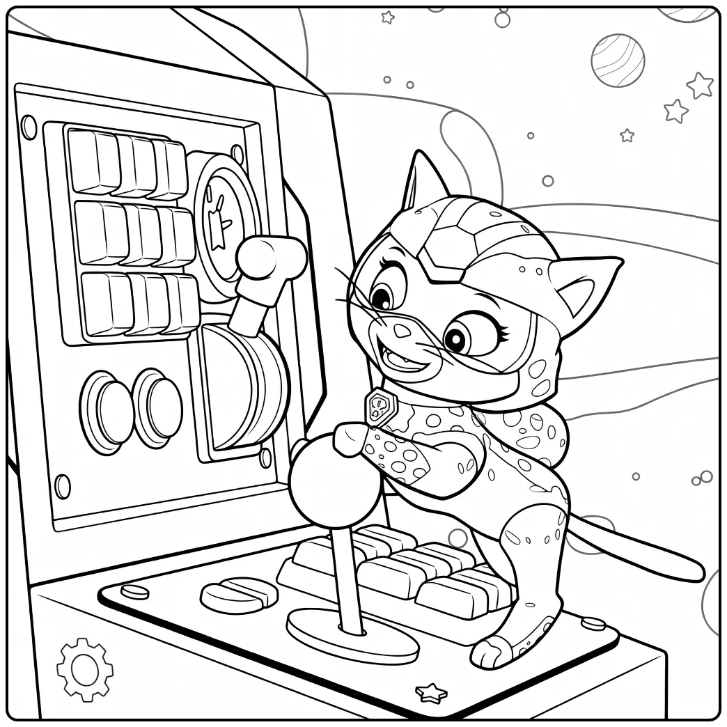 Kleurplaat van een kat met vizierhelm en gestippeld pak op arcade paneel shade paw patrol kleurplaat