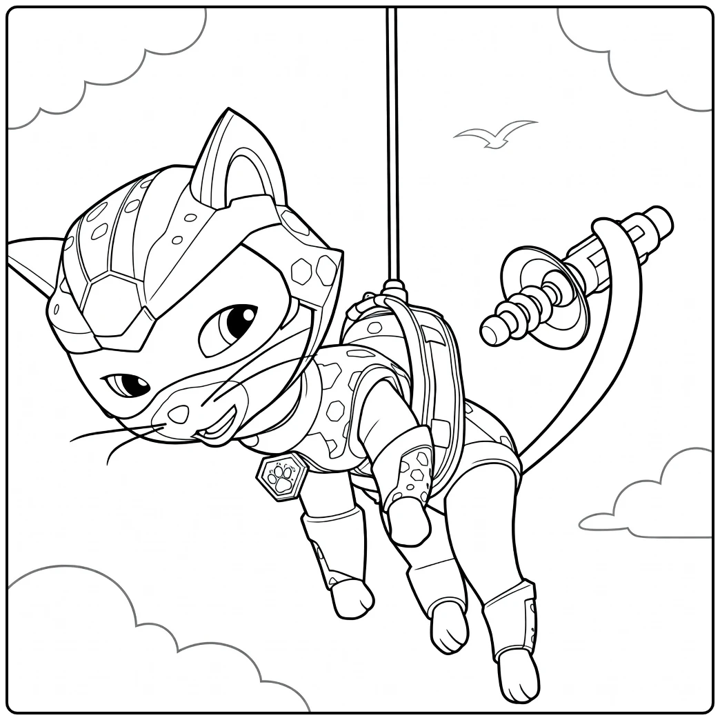 Paw Patrol Seizoen 9 Kleurplaat van een kat die aan een touw hangt met helm en rugzak