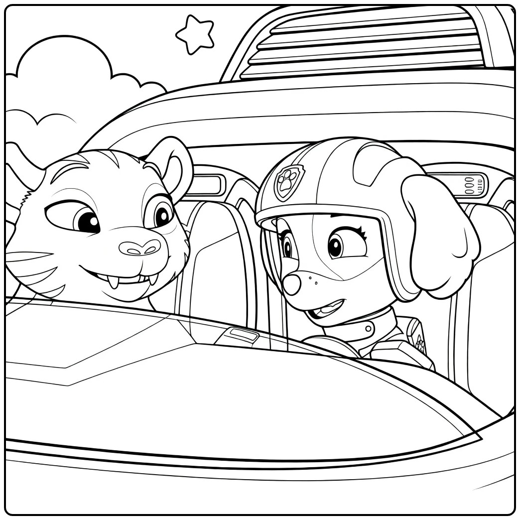 Gestreepte kat en hond met helm in roze cockpit op Paw Patrol Seizoen 5 Kleurplaat