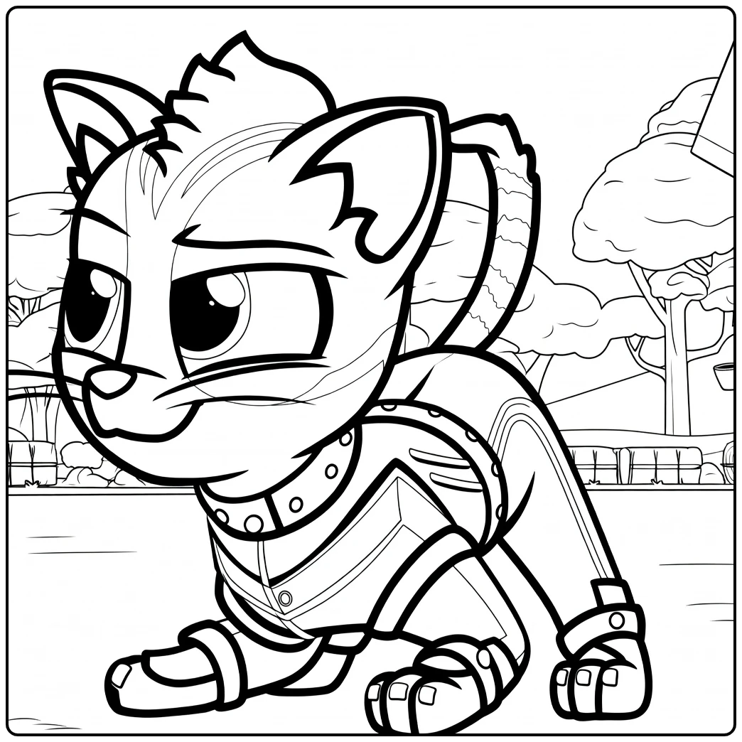 Oranje tabby kat in dynamische pose met rode banden en pak wild cat paw patrol kleurplaat