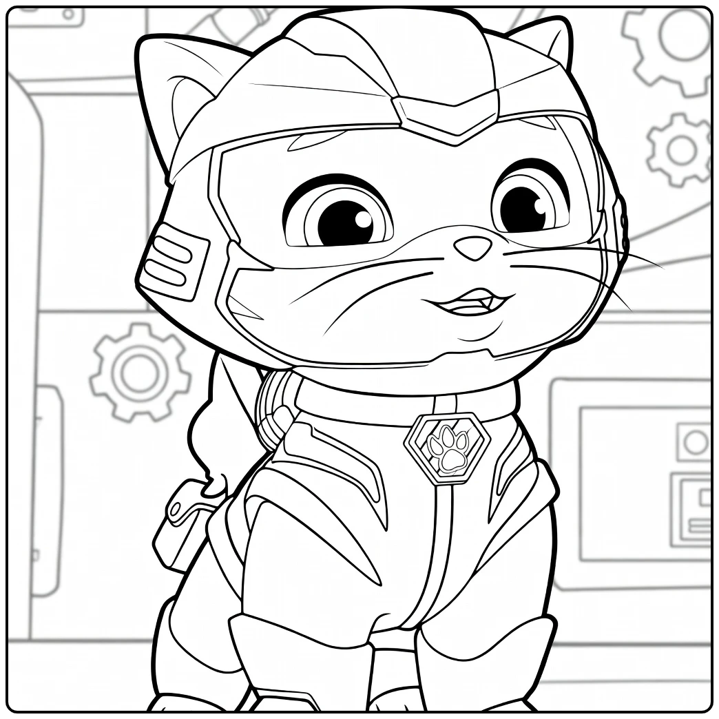 Antropomorfe kat met gele helm, blauw vizier en geel-bruin pak leo paw patrol kleurplaat