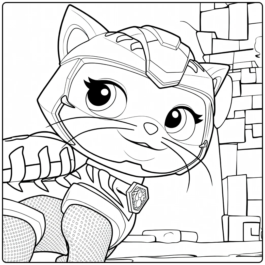 rory paw patrol kleurplaat van een antropomorfe kat met paarse ogen en blauwe wapenrusting
