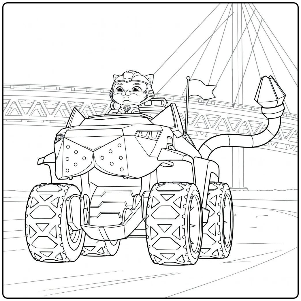 leo paw patrol kleurplaat met een kat met helm in een hoekig voertuig met boorarm en grote wielen