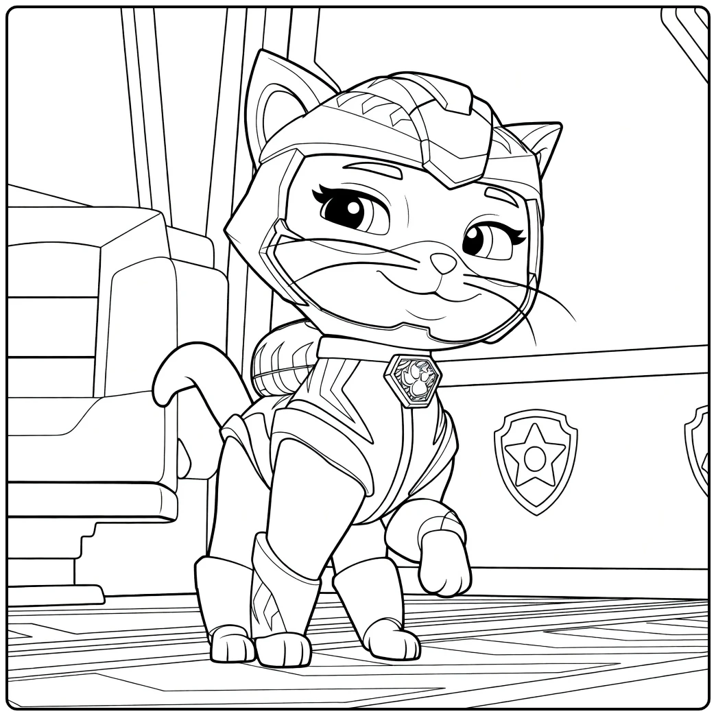 Rory Paw Patrol Kleurplaat van een kat in harnas met helm die rechtop staat en glimlacht